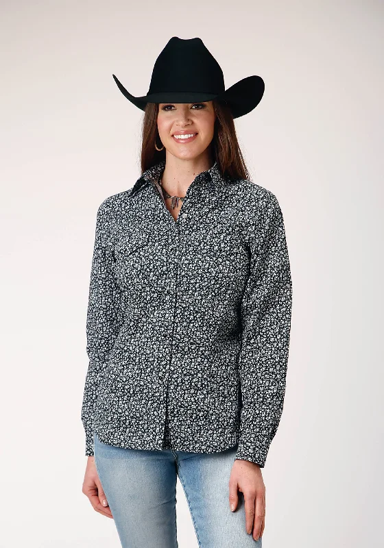 WOMENS LONG SLEEVE SNAP BLACK WHITE FLORAL PRINT WESTERN SHIRT Stylish Round Neck Shirt