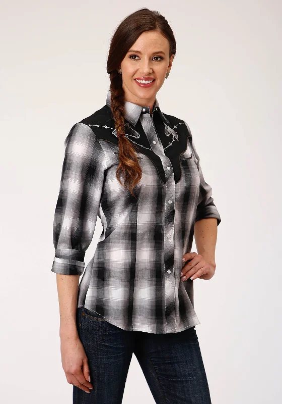 WOMENS LONG SLEEVE SNAP BLACK WHITE AND GREY PLAID WESTERN SHIRT Classic Casual Short Sleeve