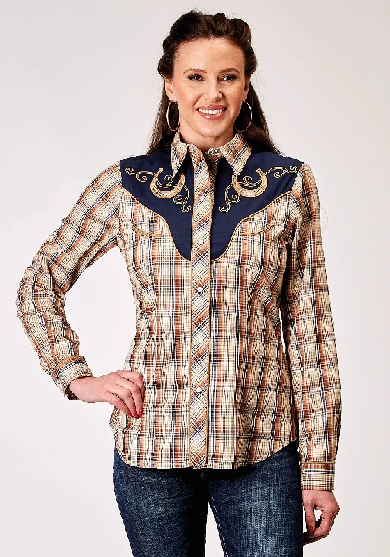 WOMENS LONG SLEEVE SNAP BROWN PLAID WESTERN SHIRT WITH FANCY CURVED YOKES APPLIQUE ON FRONT YOKE Comfortable Summer Short Shirt