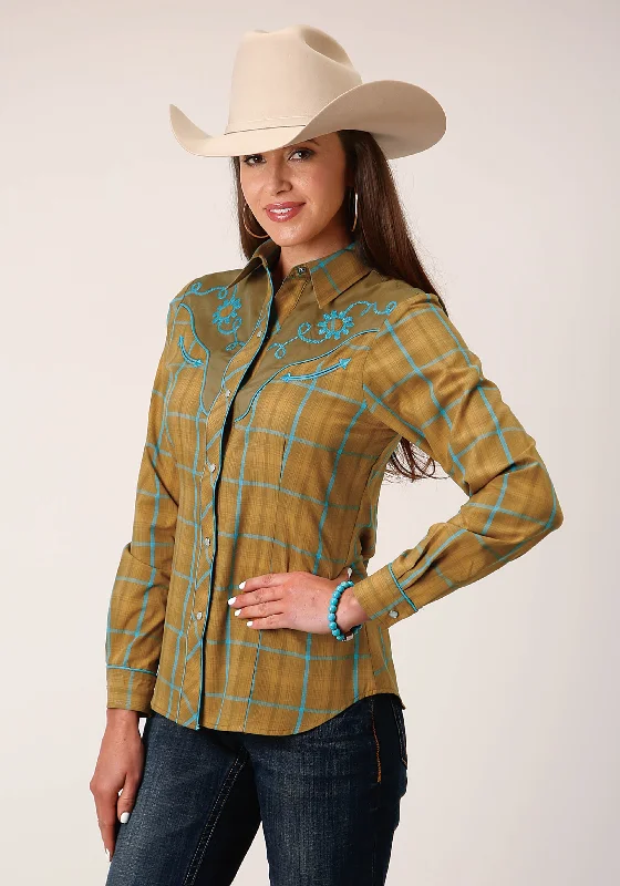 WOMENS LONG SLEEVE SNAP BUTTERSCOTCH TURQUOISE PLAID WESTERN SHIRT Cozy Summer Short Shirt