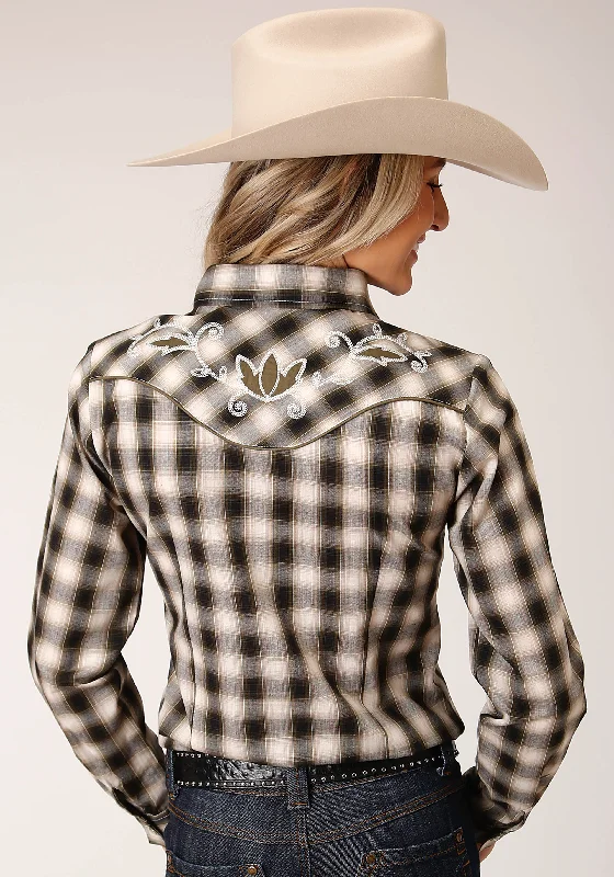 WOMENS LONG SLEEVE SNAP BLACK CREAM AND OLIVE PLAID WESTERN SHIRT Casual Plain Short Shirt WOMENS LONG SLEEVE SNAP BLACK CREAM AND OLIVE PLAID WESTERN SHIRT Casual Plain Short Shirt