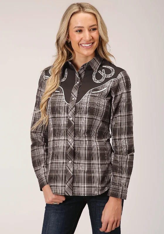 WOMENS LONG SLEEVE SNAP CHOCOLATE AND CREAM PLAID WESTERN SHIRT Comfortable Pocket Short Shirt