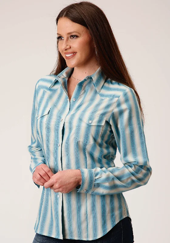 WOMENS LONG SLEEVE SNAP AQUA AND CREAM OMBRE STRIPE WESTERN SHIRT Modern Short Sleeve Top WOMENS LONG SLEEVE SNAP AQUA AND CREAM OMBRE STRIPE WESTERN SHIRT Modern Short Sleeve Top