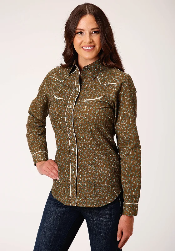 WOMENS LONG SLEEVE SNAP BROWN TURQUOISE AND CREAM MINI FLORAL WESTERN SHIRT Comfortable Flowing Short Sleeve