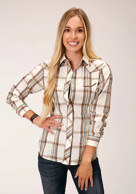 WOMENS LONG SLEEVE SNAP CR BROWN GREEN LRG SCALE PLAID WESTERN SHIRT Elegant Off-Shoulder Short Shirt