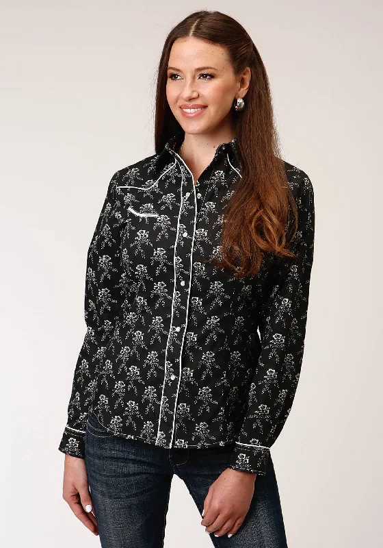 WOMENS LONG SLEEVE SNAP BLACK AND CREAM FLORAL PRINT WESTERN SHIRT Classic Short Sleeve Tunic WOMENS LONG SLEEVE SNAP BLACK AND CREAM FLORAL PRINT WESTERN SHIRT Classic Short Sleeve Tunic