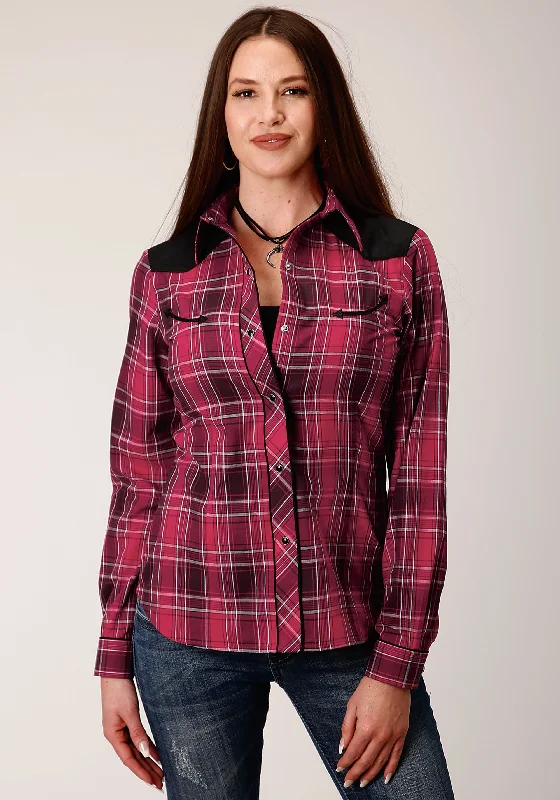 WOMENS LONG SLEEVE SNAP BRIGHT RED PLAID WESTERN SHIRT Relaxed Fit Short Sleeve Top