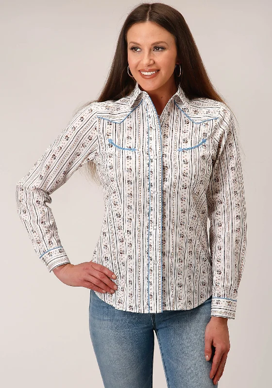 WOMENS LONG SLEEVE SNAP BROWN AND BLUE WALLPAPER STRIPE WESTERN SHIRT Elegant Button-Down Short Shirt