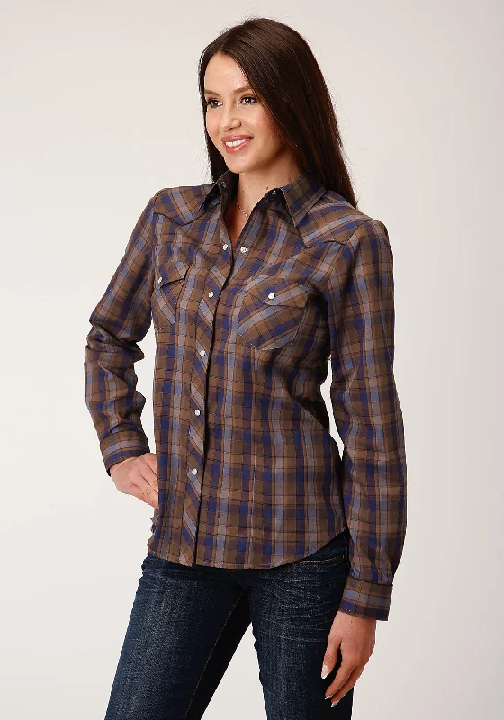 WOMENS LONG SLEEVE SNAP BLUE CAMEL BROWN PLAID WESTERN SHIRT WITH CONTRAST SOLID PIPING AND POCKETS Comfortable Peplum Short Shirt