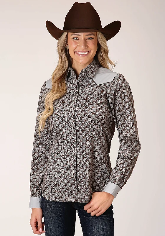 WOMENS LONG SLEEVE SNAP CHOCOLATE AND CREAM TEARDROP PRINT WESTERN SHIRT Relaxed Short Sleeve Tee