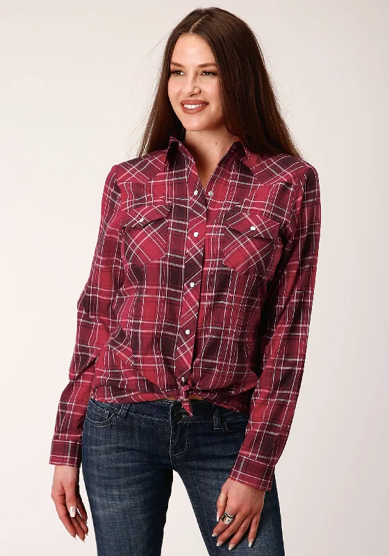 WOMENS LONG SLEEVE SNAP BRIGHT RED PLAID WESTERN SHIRT Chic Embellished Short Sleeve