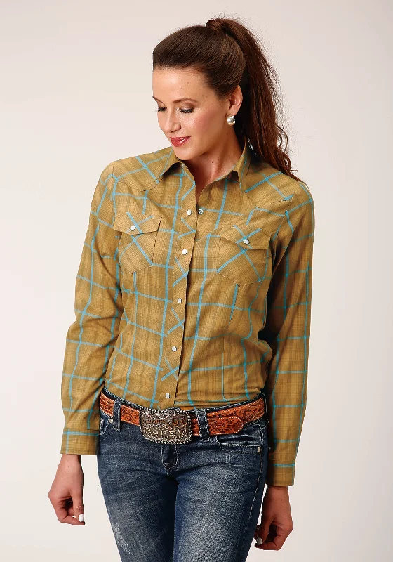 WOMENS LONG SLEEVE SNAP BUTTERSCOTCH TURQUOISE PLAID WESTERN SHIRT Trendy Button-Front Short Sleeve