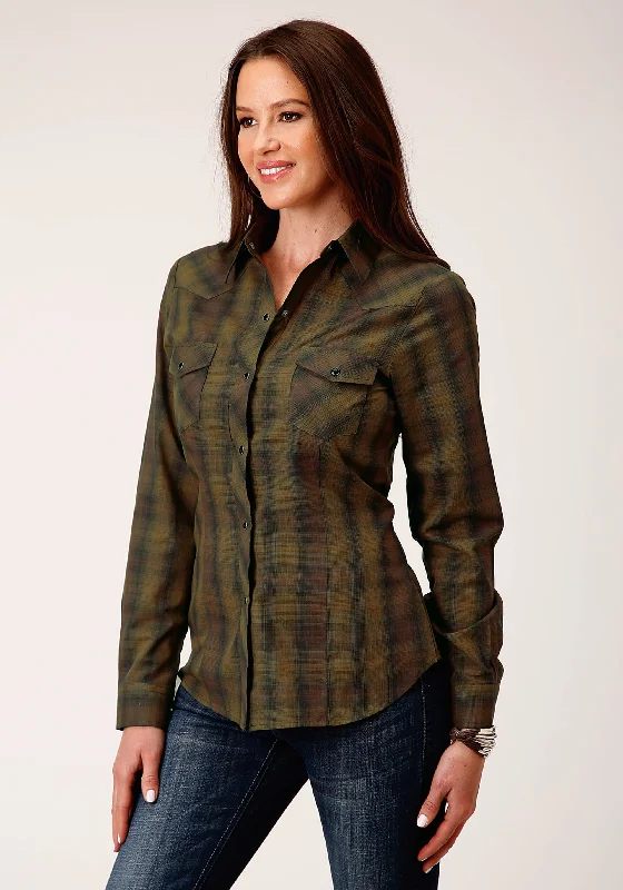 WOMENS LONG SLEEVE SNAP BLACK GOLD PLAID WESTERN SHIRT Relaxed Short Sleeve Tee