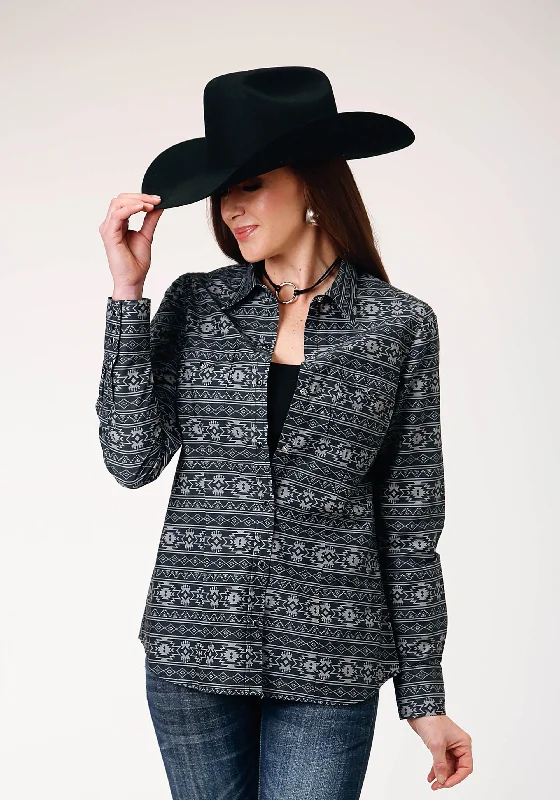 WOMENS LONG SLEEVE SNAP AZTEC STRIPE WESTERN SHIRT Trendy Print Short Sleeve