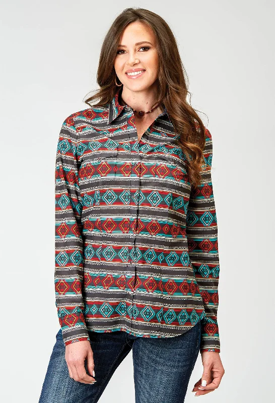 WOMENS LONG SLEEVE SNAP AZTEC STRIPE PRINT WESTERN SHIRT Cozy Knit Short Sleeve Top