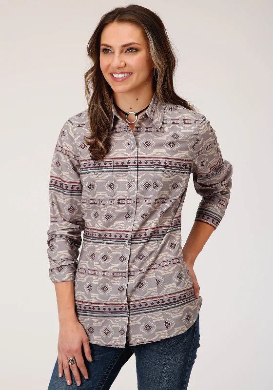 WOMENS LONG SLEEVE SNAP BLANKET AZTEC PRINT WESTERN SHIRT Relaxed Cotton Short Shirt