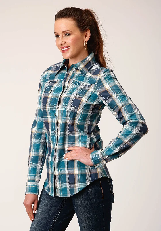 WOMENS LONG SLEEVE SNAP BLUEBERRY PLAID WESTERN SHIRT Trendy Button-Front Short Sleeve