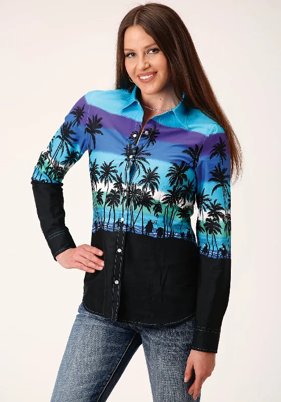 WOMENS LONG SLEEVE SNAP BEACH ROUNDUP BORDER WESTERN SHIRT Elegant Silk Short Shirt
