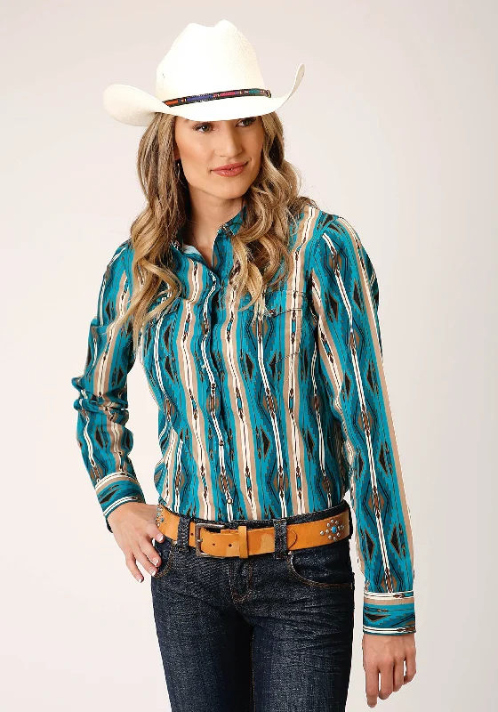 WOMENS LONG SLEEVE SNAP AZTEC STRIPE WESTERN SHIRT Casual Slouchy Short Sleeve