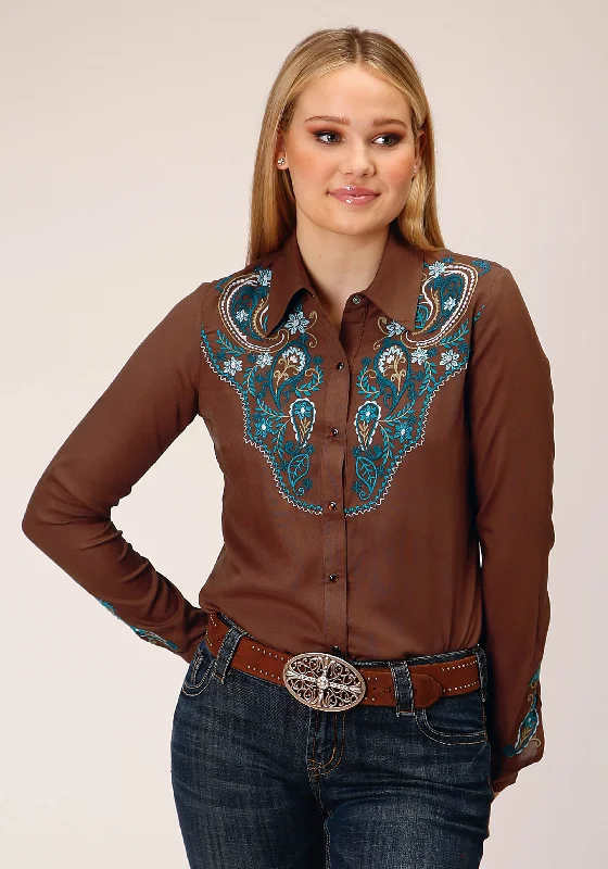 WOMENS LONG SLEEVE SNAP SOLID BROWN RAYON SHIRT WESTERN SHIRT Elegant High-Low Short Shirt WOMENS LONG SLEEVE SNAP SOLID BROWN RAYON SHIRT WESTERN SHIRT Elegant High-Low Short Shirt