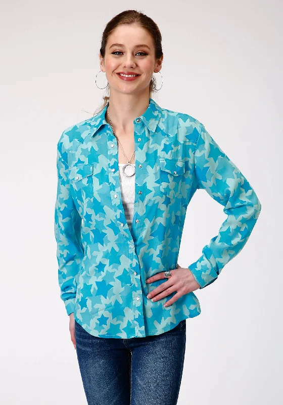 WOMENS LONG SLEEVE SNAP  STAR PRINTED RAYON  WESTERN SHIRT Stylish Short Sleeve Top