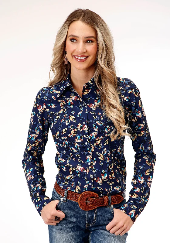 WOMENS LONG SLEEVE SNAP POLY CREPE FEATHER FOLIAGE PRINT WESTERN SHIRT Fashionable Plaid Short Sleeve WOMENS LONG SLEEVE SNAP POLY CREPE FEATHER FOLIAGE PRINT WESTERN SHIRT Fashionable Plaid Short Sleeve