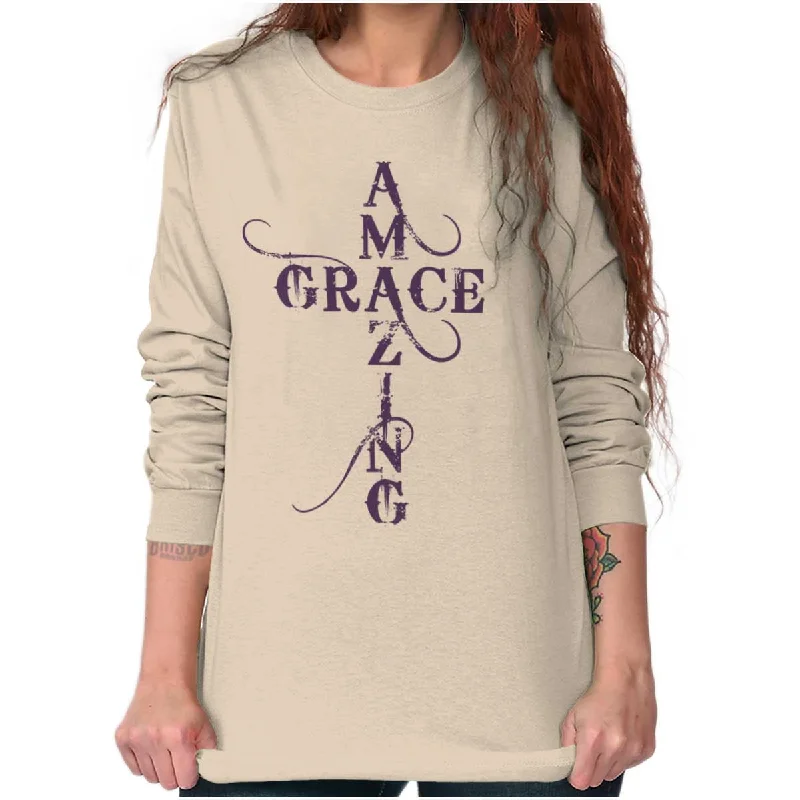 Amazing Grace Script Long Sleeve T Shirt Stylish Split-Hem Short Shirt