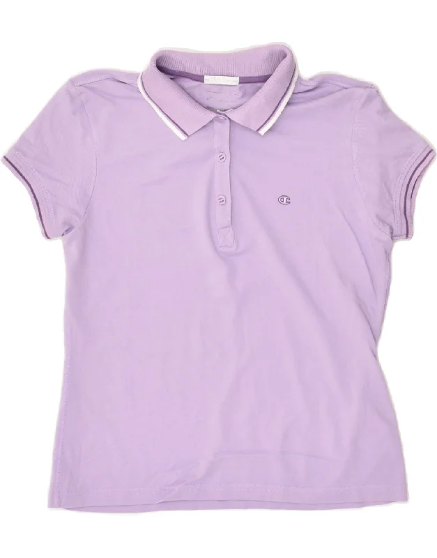 CHAMPION Womens Polo Shirt UK 12 Medium Purple Cotton Soft Cotton Short Tee