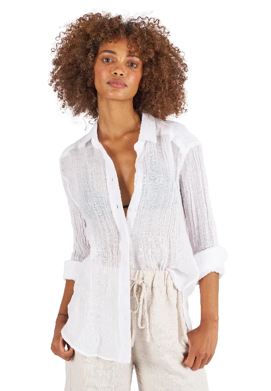 Crinkle-Shirt White Oversized Linen Shirt Relaxed Button-Down Short Shirt