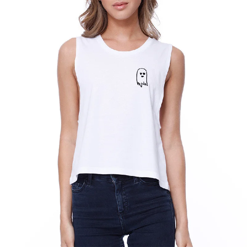 Cute Pocket Ghost Crop Tee Halloween Sleeveless Shirt Junior Tanks Fashionable Tied Short Sleeve