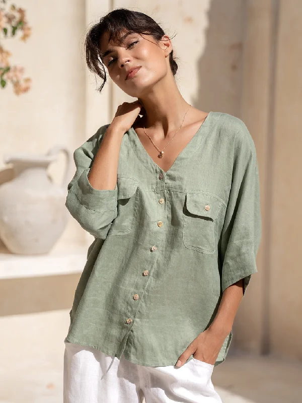 Dune French Linen Shirt Moss Cozy Cotton Short Tee