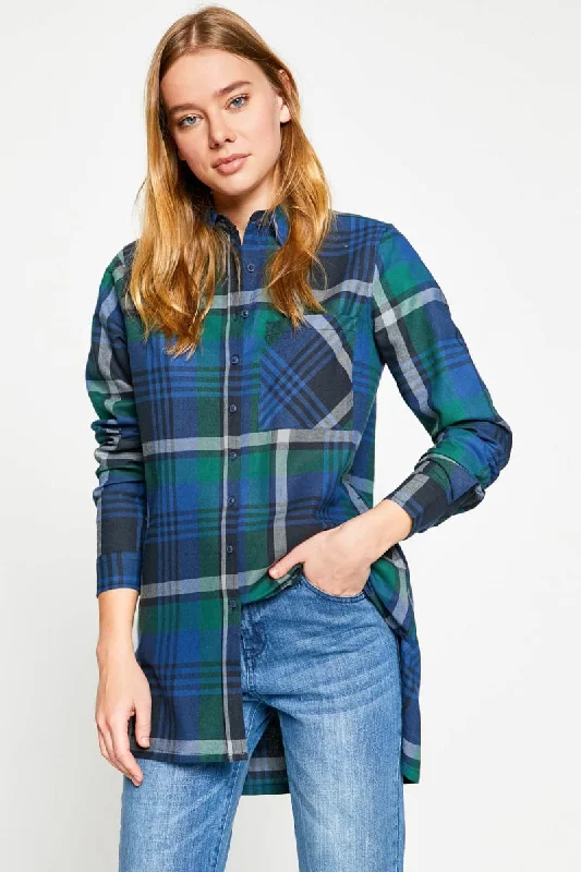 Women Navy Blue Plaid Shirt Fashionable Sheer Short Shirt