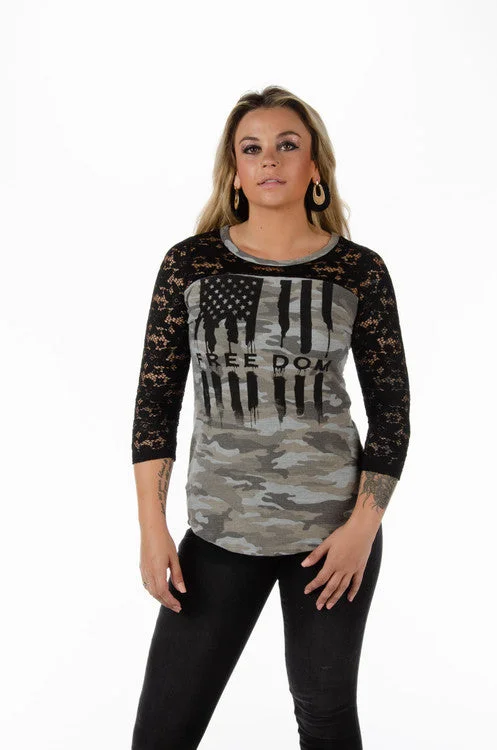 Ladies American Flag Camo Shirt 7030 BS Fashionable Pleated Short Shirt