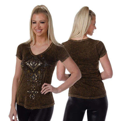 Ladies Brown Distressed Shirt with Foil Cross Design 7138 BS USA Fashionable Short Sleeve Vest