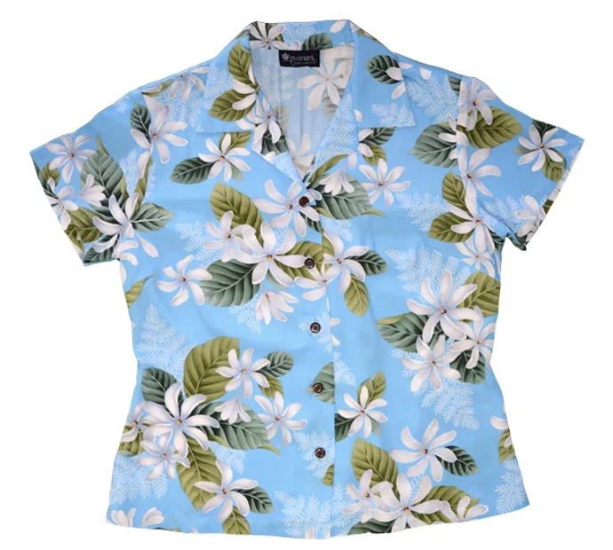 Ladies Fitted Aloha Shirt in Blue Classic Casual Short Sleeve