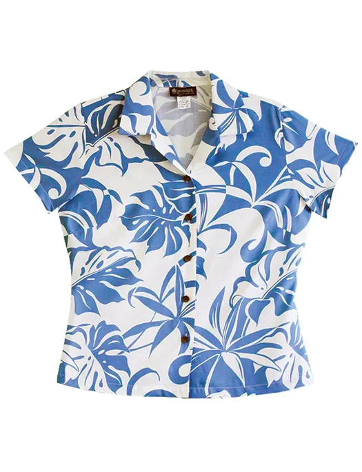 Island Life Ladies Fitted Aloha Shirt in Blue Relaxed Short Sleeve Tee