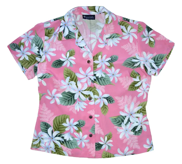 Ladies Fitted Aloha Shirt in Pink Comfortable Peplum Short Shirt