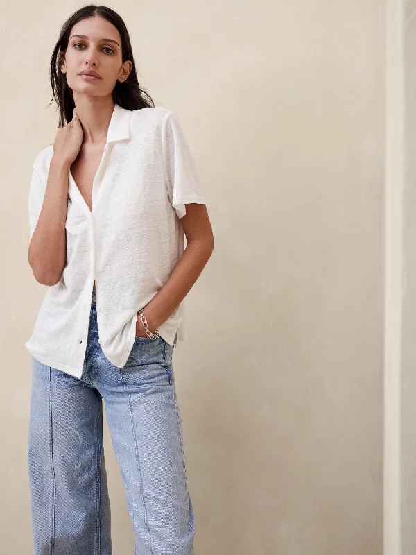 Linen Resort Shirt Elegant Lace-Trimmed Short Shirt