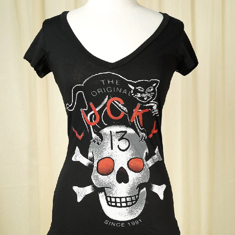 Black Cat Skull V Neck T Shirt Casual Plain Short Shirt