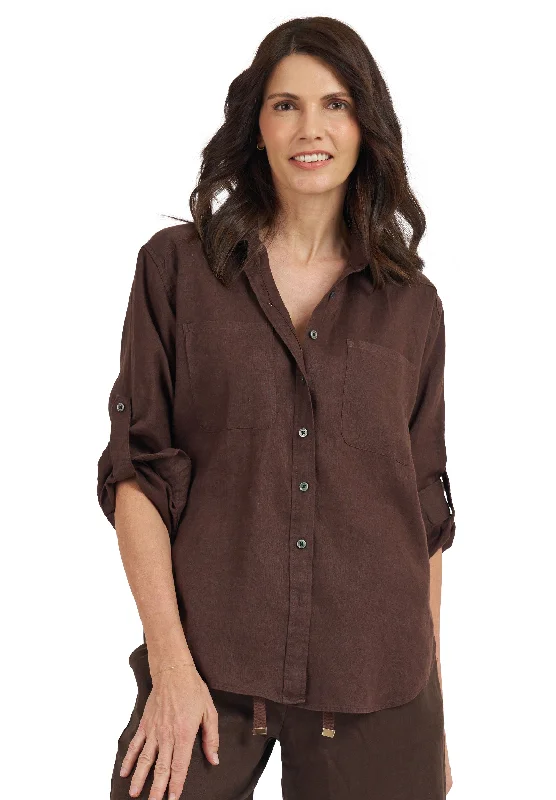 Luna Coffee Oversized Linen Shirt with Pockets Stylish Short Sleeve Polo