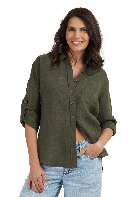 Luna Olive Green Oversized Linen Shirt with Pockets Casual Slouchy Short Sleeve