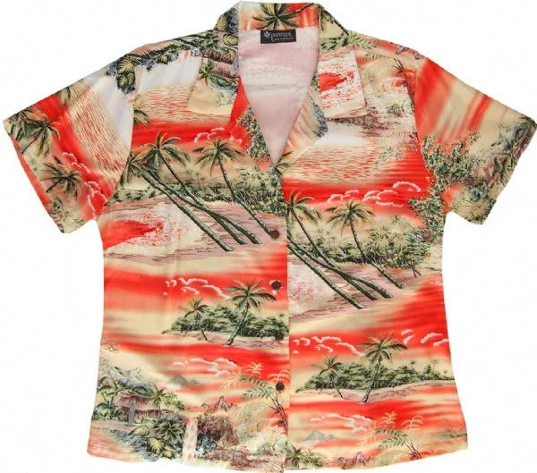 Ocean Breeze Ladies Fitted Aloha Shirt in Orange Comfortable Knit Short Shirt