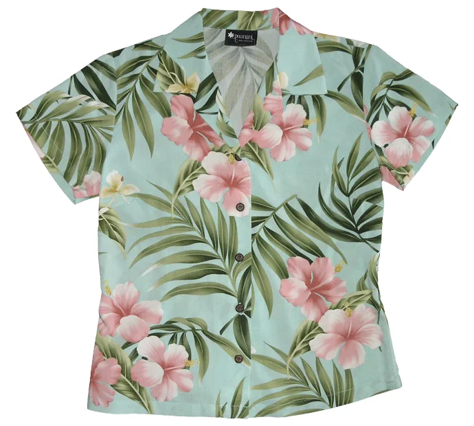 Pink Hibiscus Ladies Fitted Aloha Shirt in Aqua Elegant Silk Short Shirt