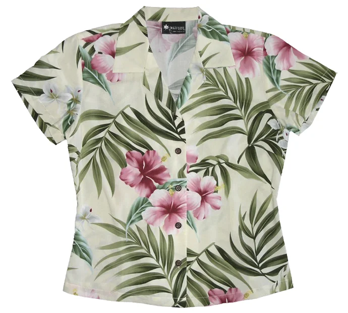 Pink Hibiscus Ladies Fitted Aloha Shirt in Beige Stylish Short Sleeve Top