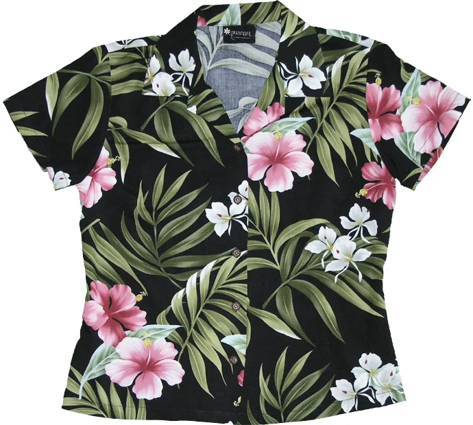 Pink Hibiscus Ladies Fitted Aloha Shirt in Black Cozy Printed Short Shirt