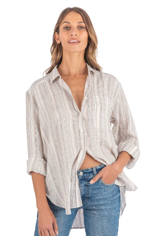 Poppy-Linen Beige Stripes Oversized Linen Shirt Classic Casual Short Sleeve