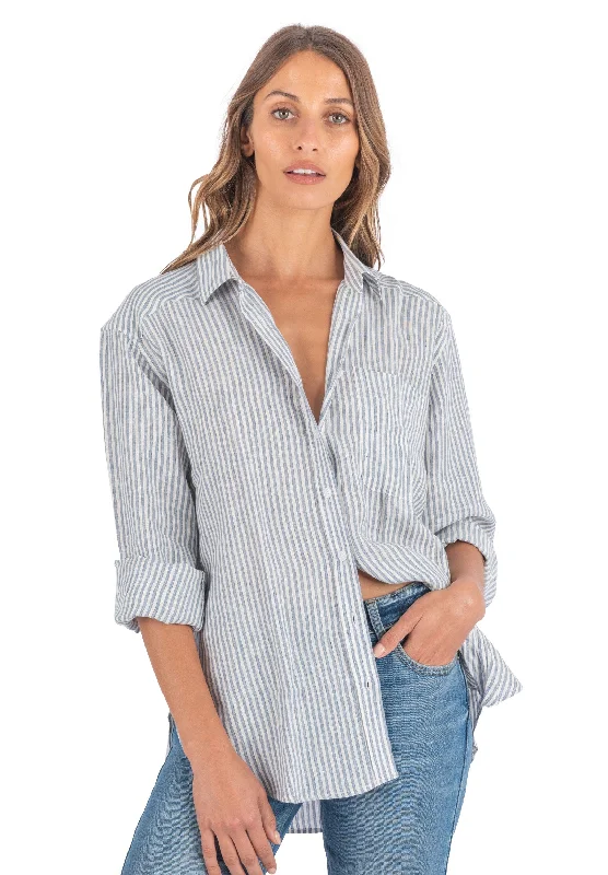 Poppy-Linen Blue Stripes Oversized Linen Shirt Trendy Short Sleeve Tunic