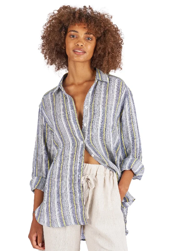 Poppy-Linen Blue Yellow Stripes Oversized Linen Shirt Fashionable Plaid Short Sleeve