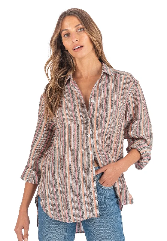 Poppy-Linen Pink Multi Stripes Oversized Linen Shirt Stylish Round Neck Shirt