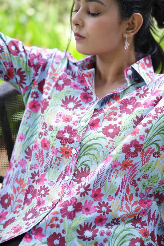 Purple Floral Print 100% Cotton Full Sleeves Women's Shirt Elegant Draped Short Sleeve